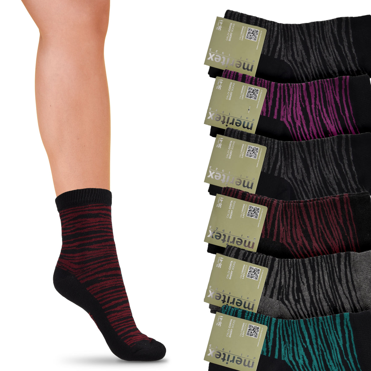 Calze donna caldo cotone 6 paia corte fantasia Meritex 3596 B
