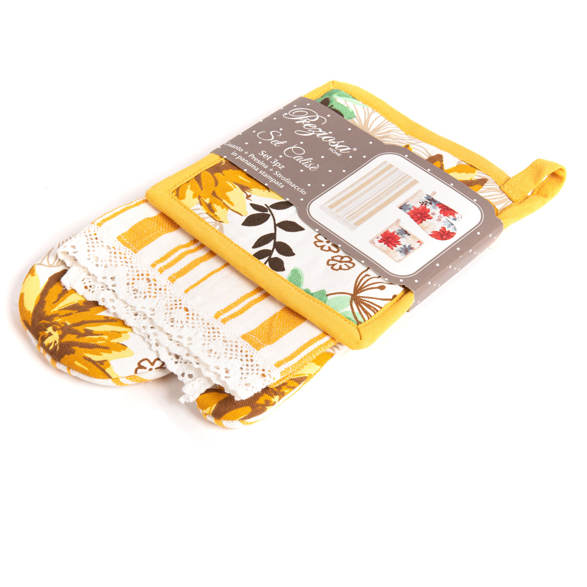Set di guanto + strofinaccio + presina Preziosa Calisè W01 B giallo