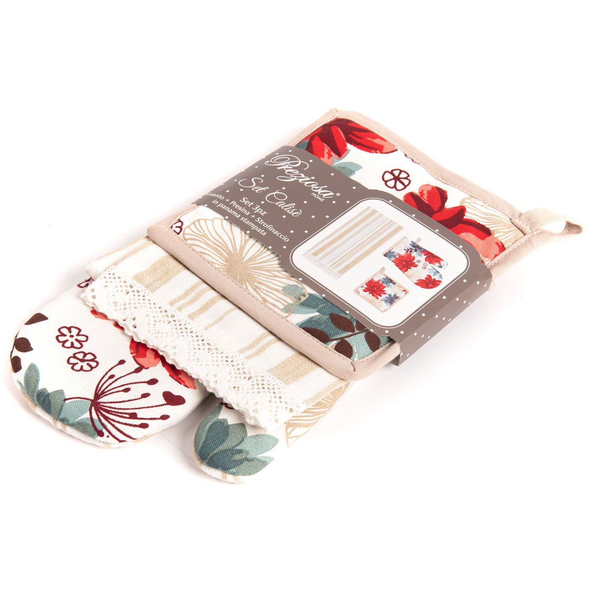 Set di guanto + strofinaccio + presina Preziosa Calisè W01 B beige
