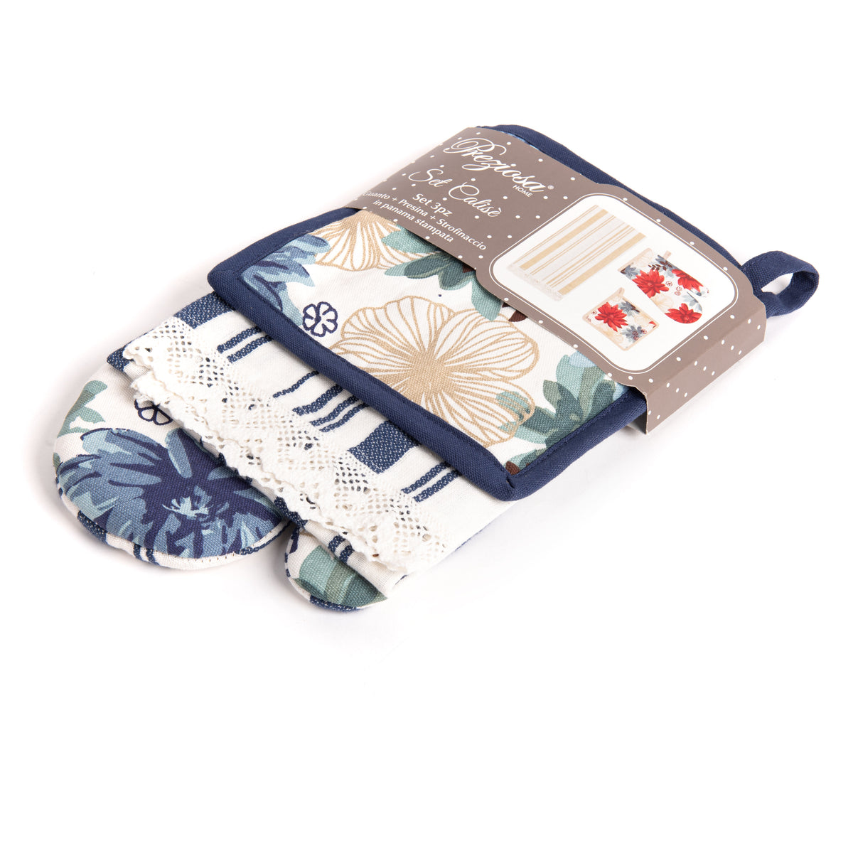 Set di guanto + strofinaccio + presina Preziosa Calisè W01 B blu