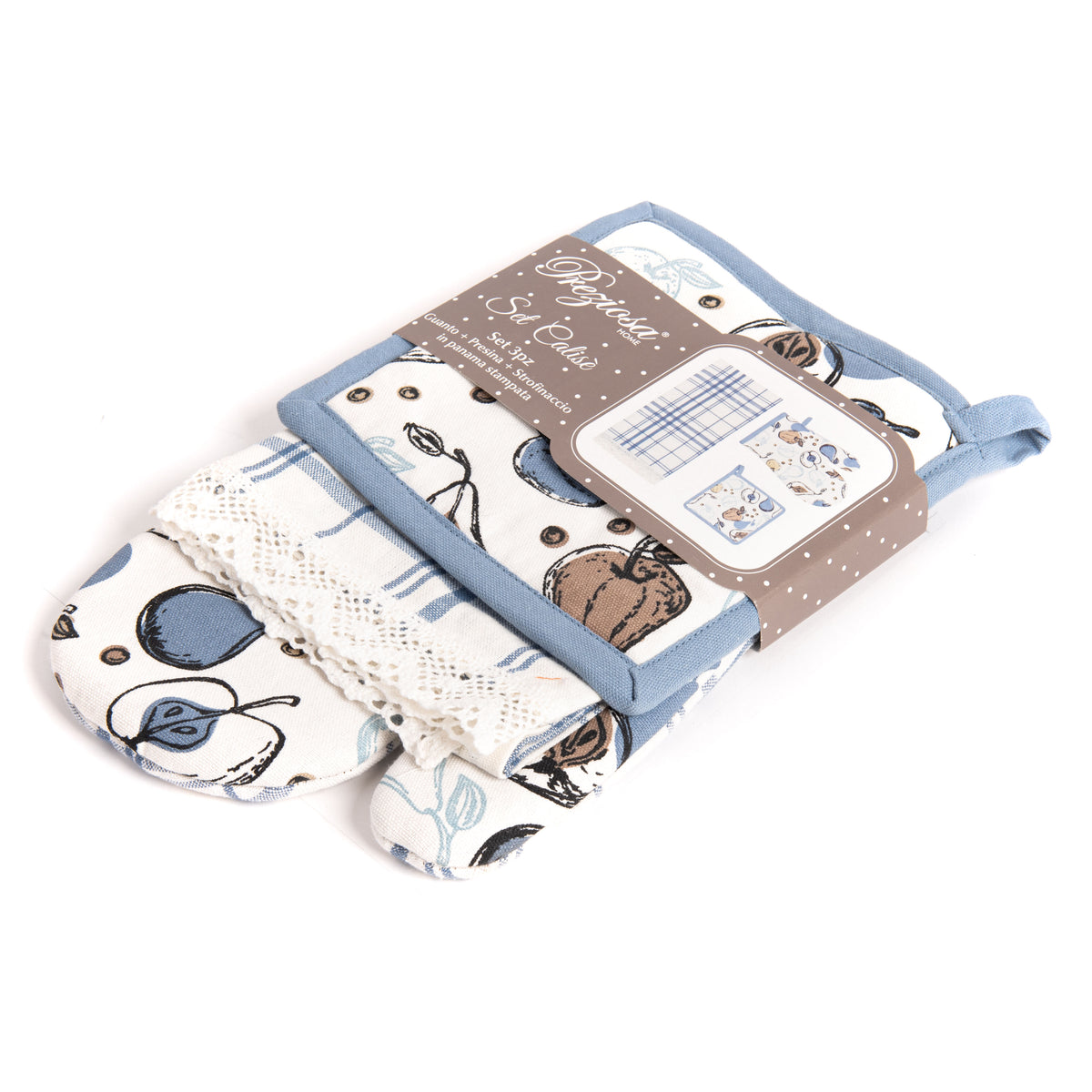 Set di guanto + strofinaccio + presina Preziosa Calisè W01 C celeste