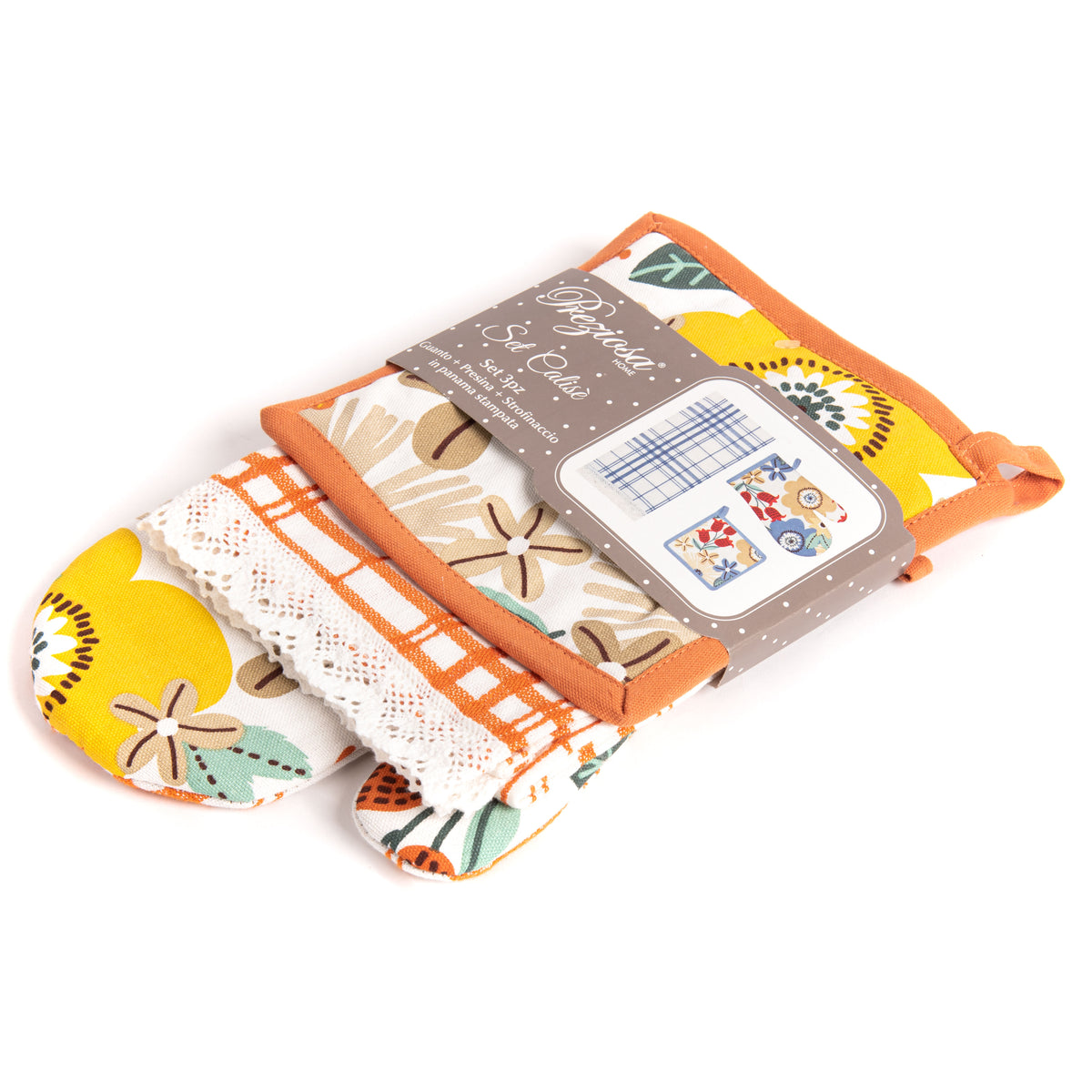 Set di guanto + strofinaccio + presina Preziosa Calisè W01 D arancione