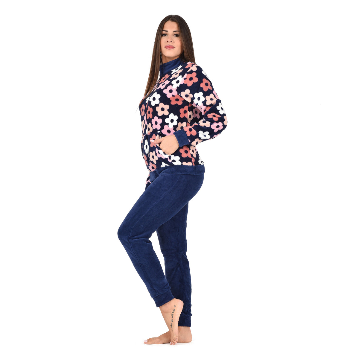 Pigiama donna invernale Biancaluna 23D93013 in pile coral fiori
