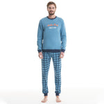 Pigiama uomo caldo cotone celeste blu a quadri Ambro 8004
