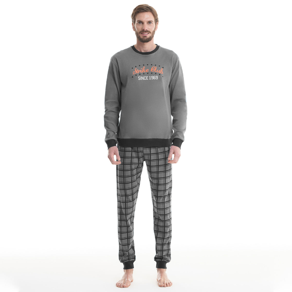 Pigiama uomo caldo cotone nero grigio a quadri Ambro 8004