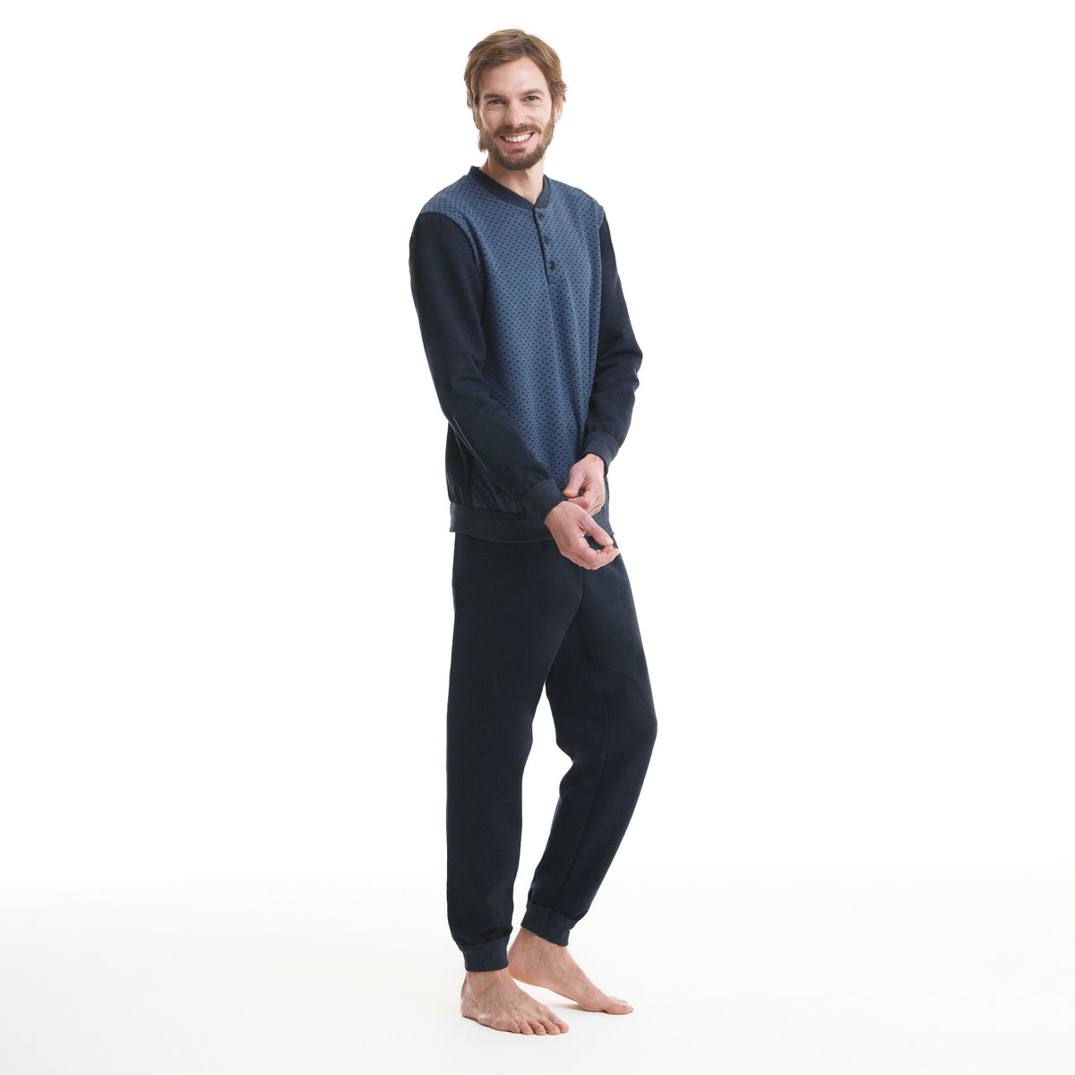 Pigiama uomo caldo punto milano bluette Ambro 8513 con polsini