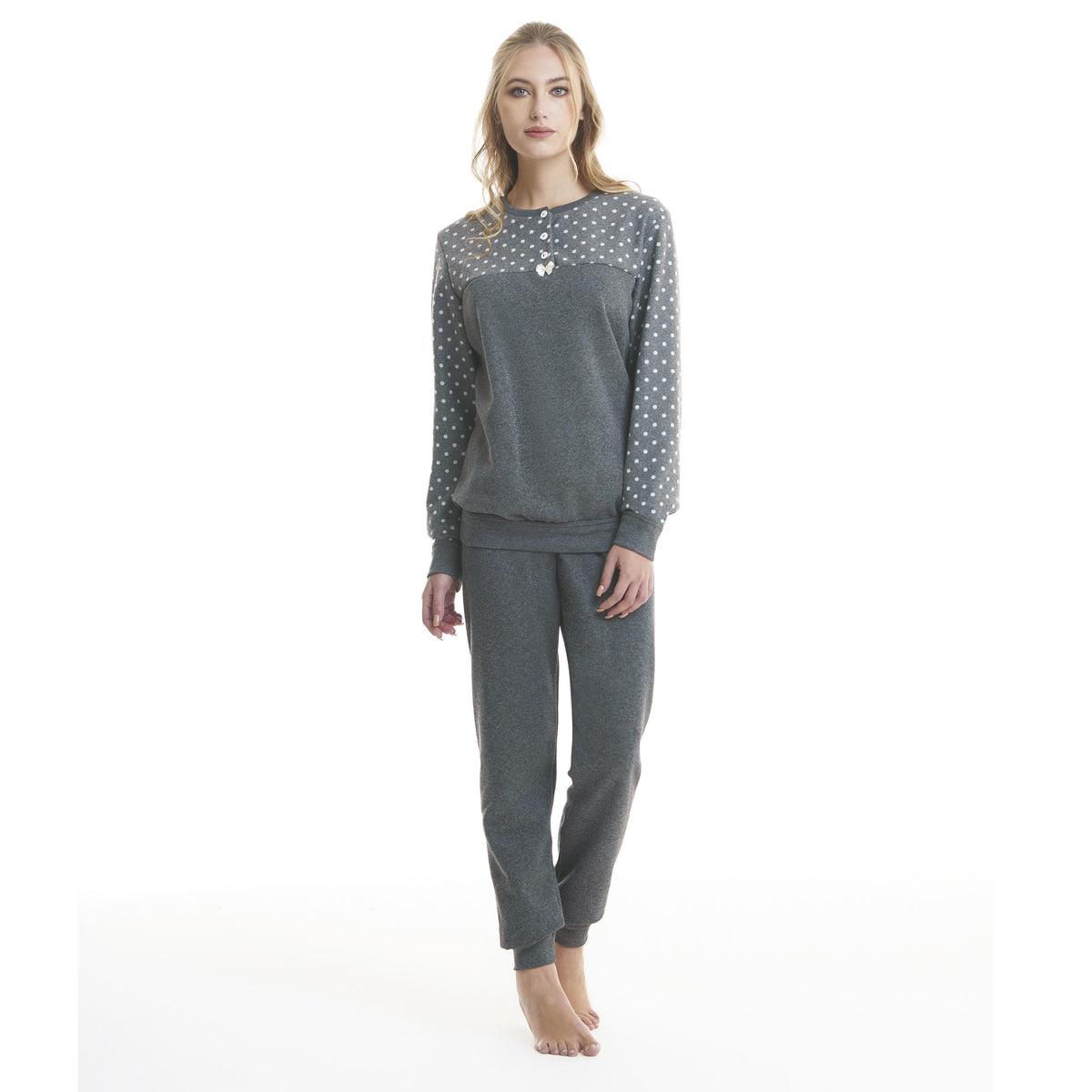 Pigiama donna Ambro 6510.22 pois grigio cotone felpato caldo