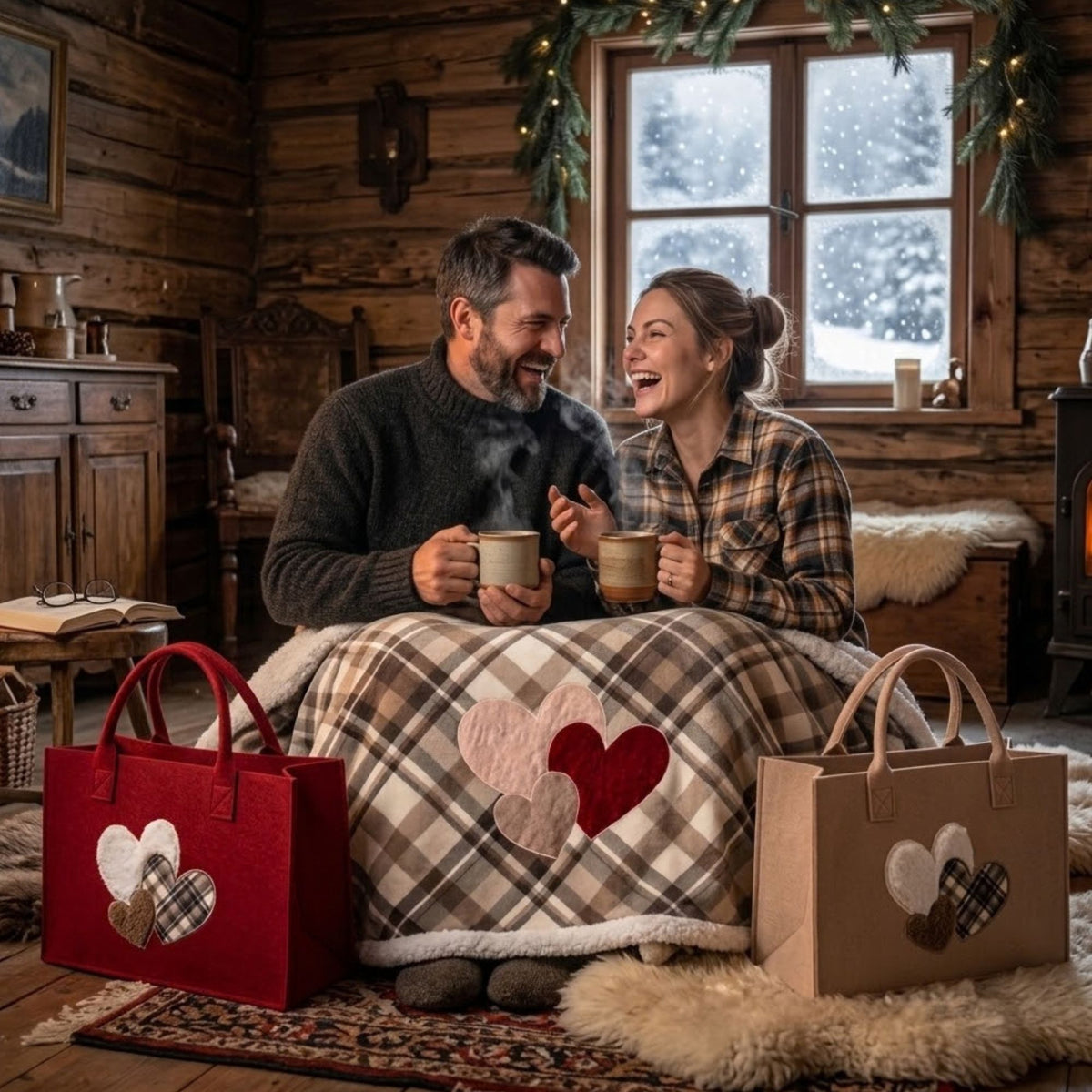 Bag + coperta tartan ciniglia e sherpa cuoricini Zambaiti trousse