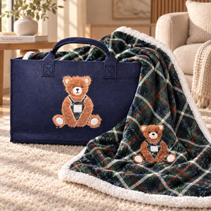Bag + coperta tartan ciniglia e sherpa orsetto Zambaiti trousse
