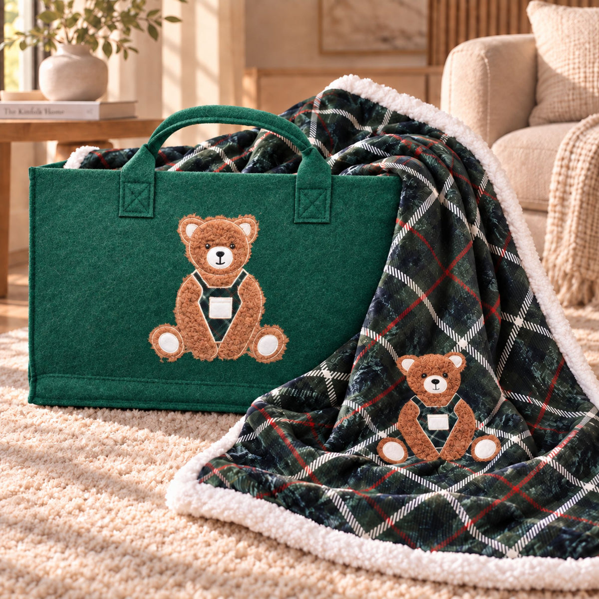 Bag + coperta tartan ciniglia e sherpa orsetto Zambaiti trousse