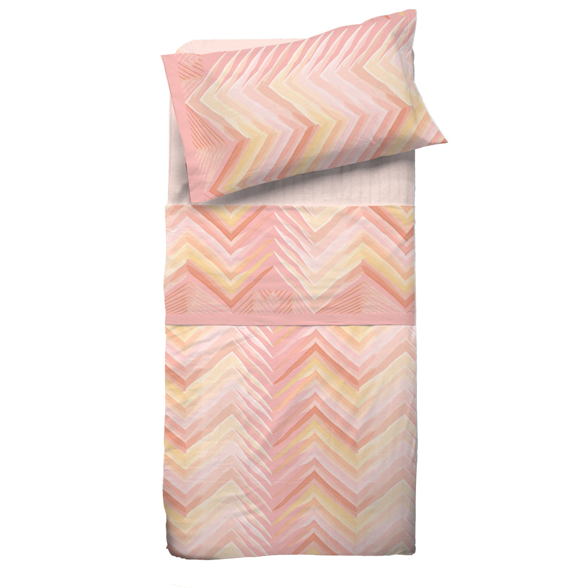 Completo letto Pompea Zigzag lenzuola sopra sotto con angoli federa rosa