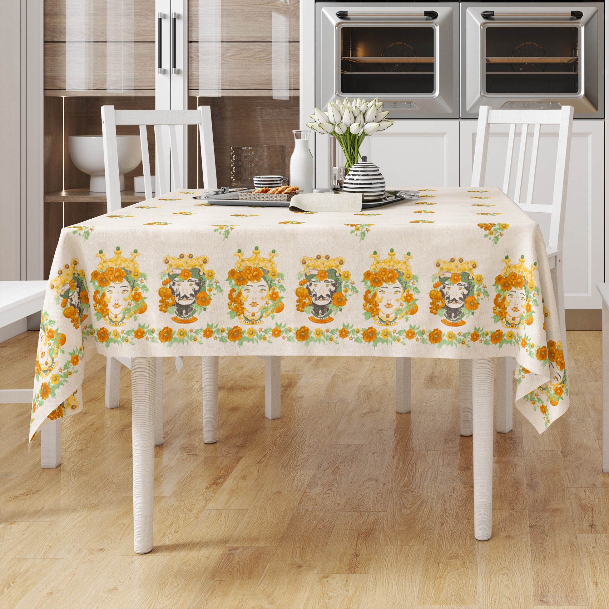 Tovaglia Natalizia Preziosa Home 24 Posti | 140x445cm In Cotone Loneta | Con 24 Tovaglioli Abbinati | Motivi Natalizi E Bordo Rosso | Per Cene E Feste Di Natale