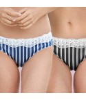 Slip vita bassa Jadea 6321 nero + blu in cotone elasticizzato e pizzo 2 pz