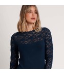 Maglia donna tinta unita con maniche in pizzo floreale semitrasparente Admas 43573