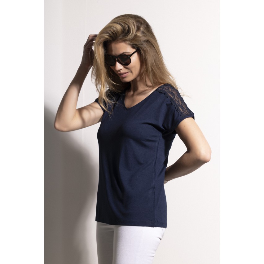 Maglia donna collo a v Admas mezza manica 43486 pizzo
