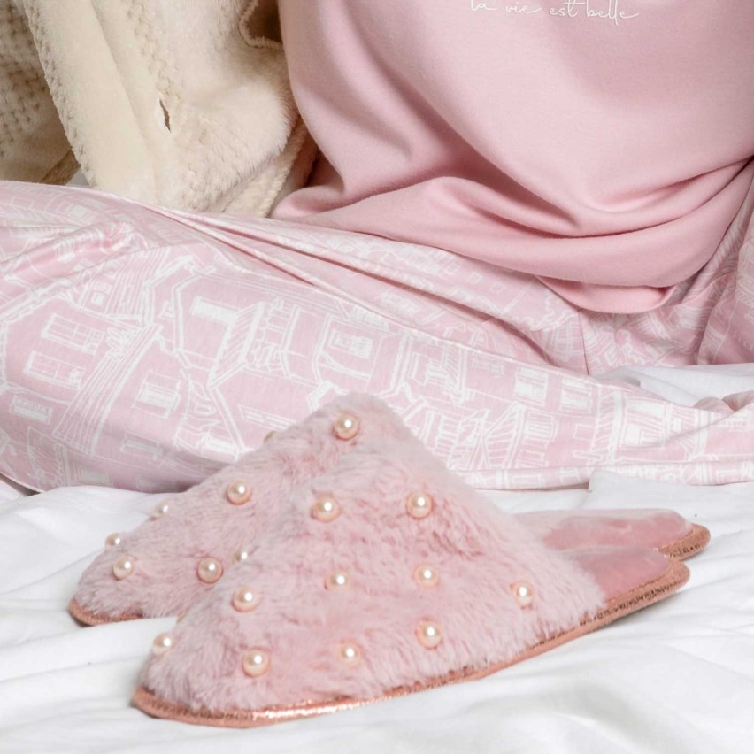 Pantofole donna antiscivolo in pelliccia con perle Admas 69127