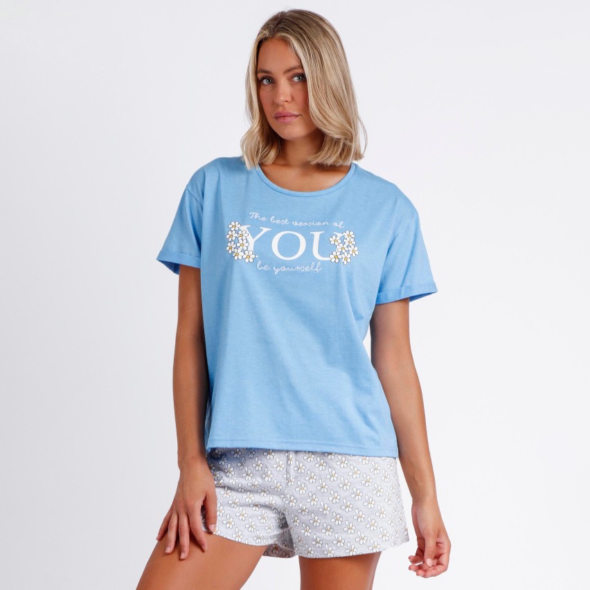 Vlazom Pigiama Donna con Cotone Estivi Maniche Corte Pigiami Due Pezzi Scollo a V Pigiami a Strisce,A Blu Cobalto,XL