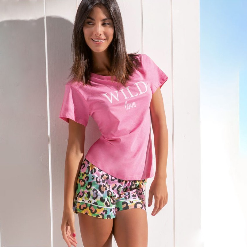 Pigiama Leopardato Donna 2 Pezzi Con Bottoni - Morbido Set Corto Con Colletto E Pantaloncini Regolabili - RONGTAI