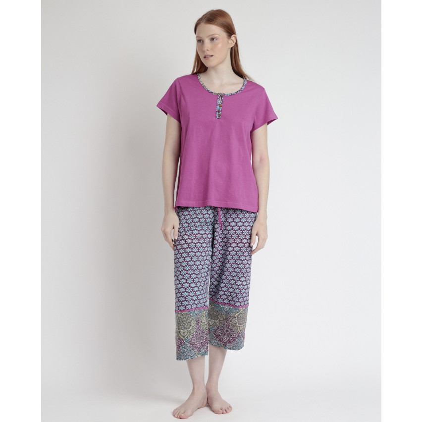 Normann Pigiama Donna Maniche Corte Con Cactus - Pantaloni Capri 3/4 In Cotone - Estivo E Morbido - 2
