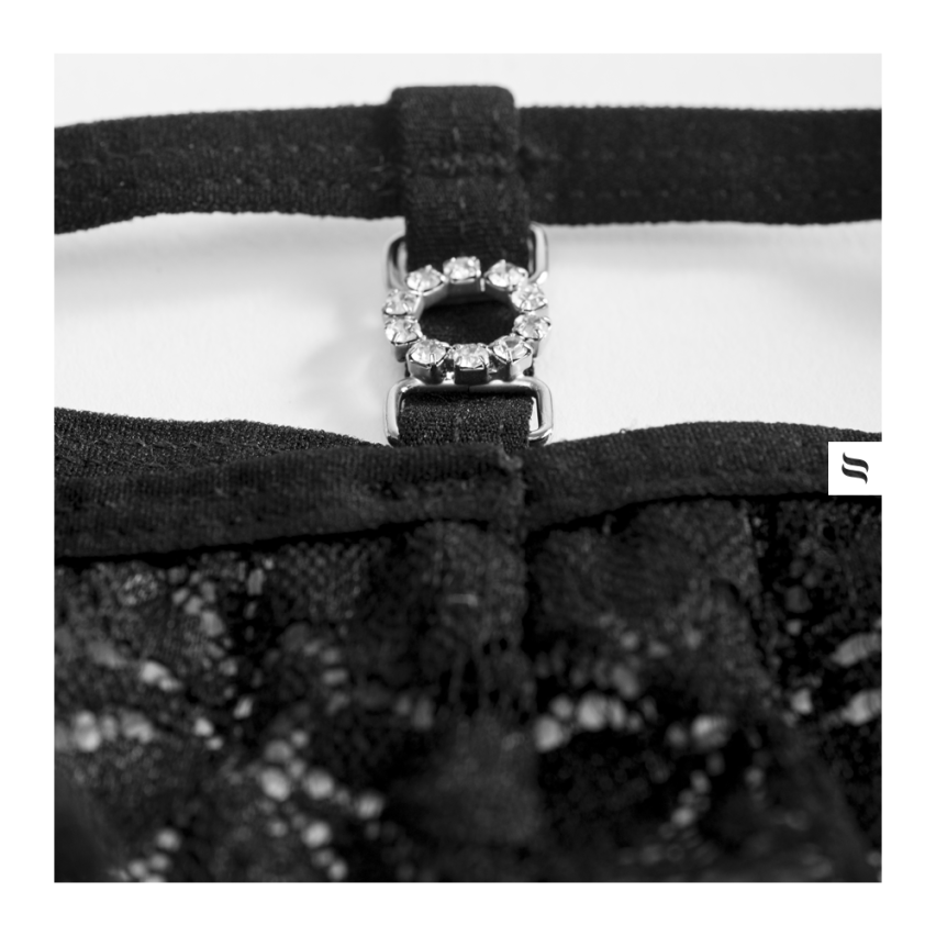 Set Reggicalze E Perizoma Donna In Pizzo - 3 Pezzi, Motivo Floreale, Nero - Foto 6