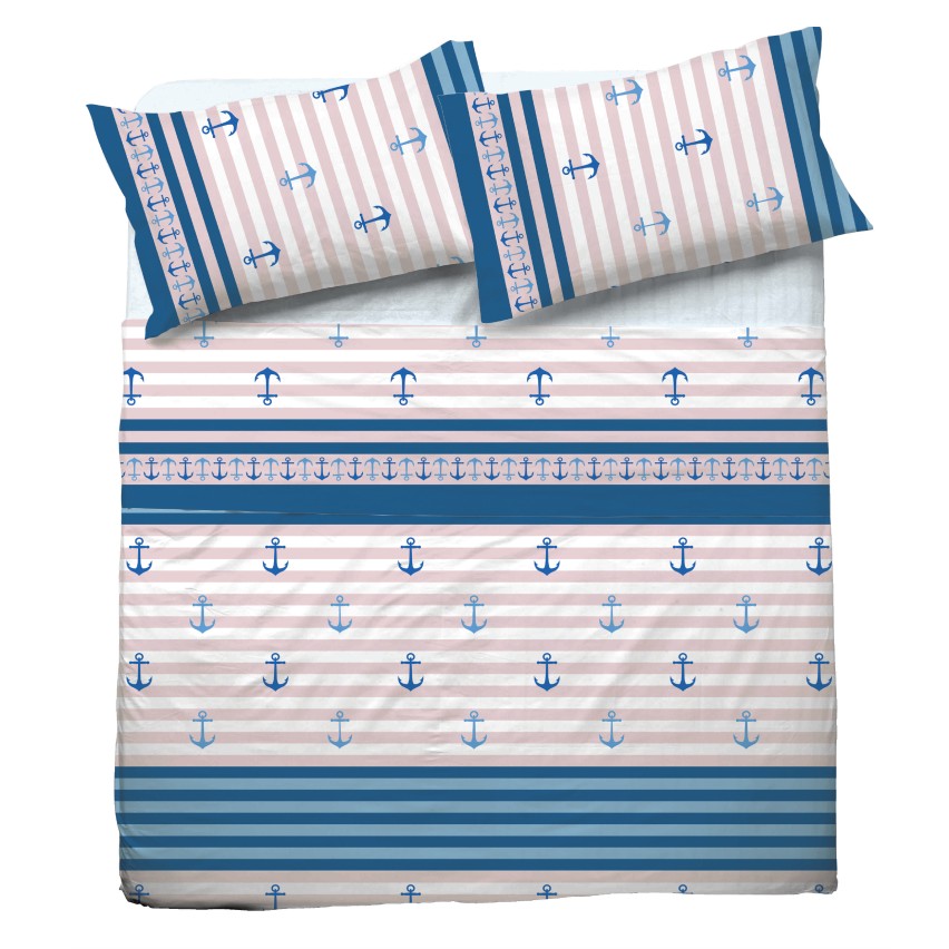 Completo letto Pompea Ancora lenzuola sopra sotto con angoli federa blu