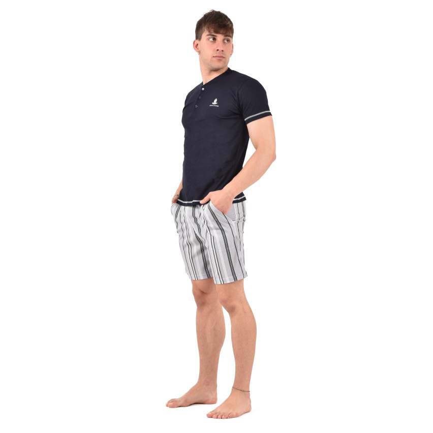 NORMANN Pigiama Uomo In Spugna Blu Marino - Maniche Lunghe Con Polsini A Righe, Taglia 54