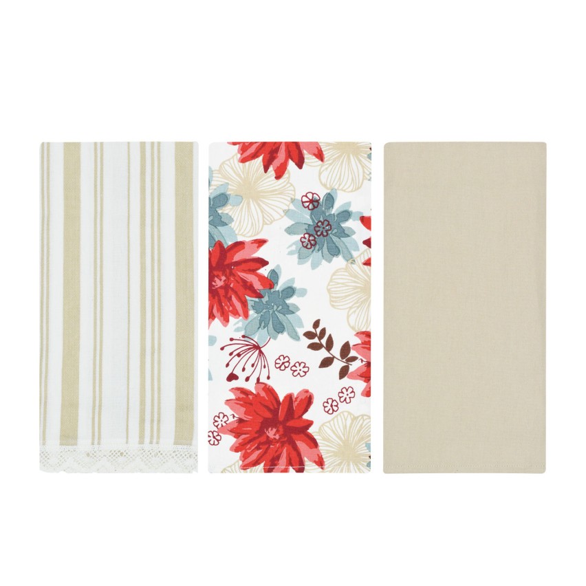 Set da 3 strofinacci Preziosa Calisè W01 B fiori beige cotone