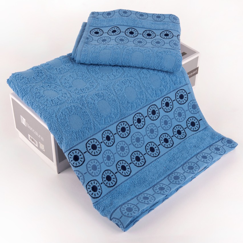 Set asciugamani viso + ospite Biancaluna Afro motivo geometrico cerchi bluette