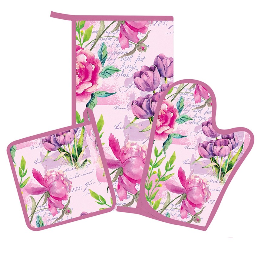 Strofinaccio guanto presina Set 3 pz cucina Preziosa Botanic fucsia A