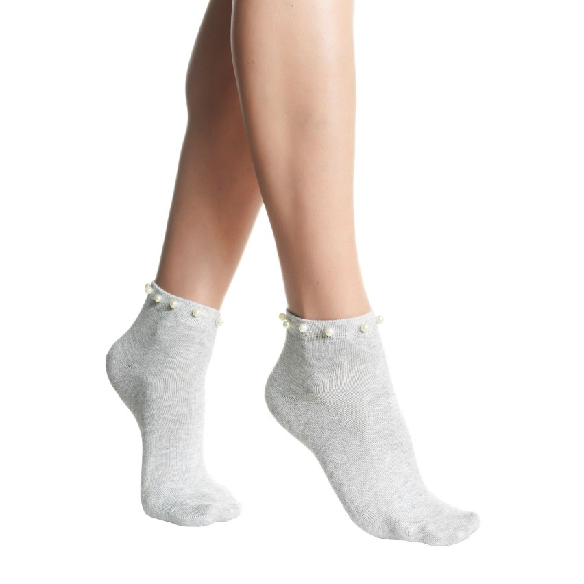 Calzini da donna moda Pompea Perli in cotone con perle grigio melange 