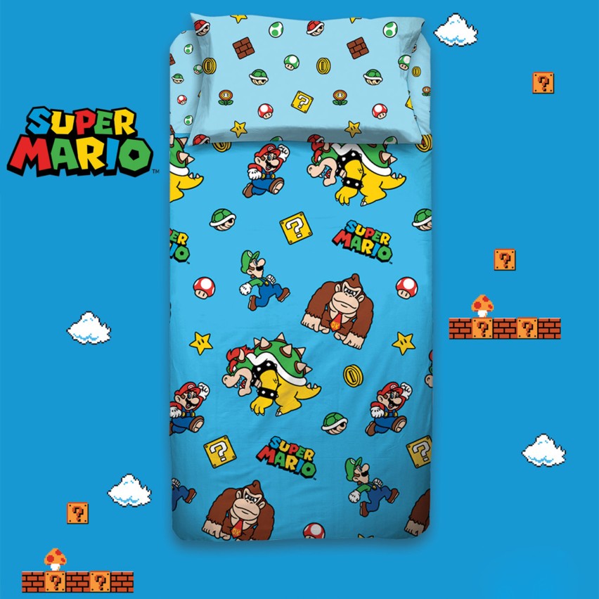 Completo letto singolo federa + sotto con angoli + lenzuolo Super Mario