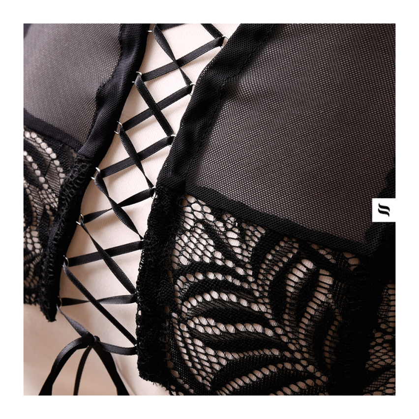 Set Reggicalze E Perizoma Donna In Pizzo - 3 Pezzi, Motivo Floreale, Nero - Foto 2