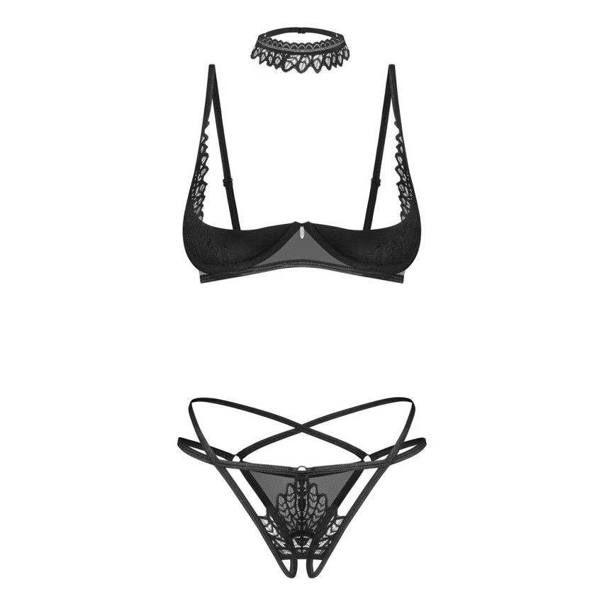 Set sexy 3 pezzi con reggiseno a mezza coppa, perizoma cavallo aperto e choker Donarella Obsessive