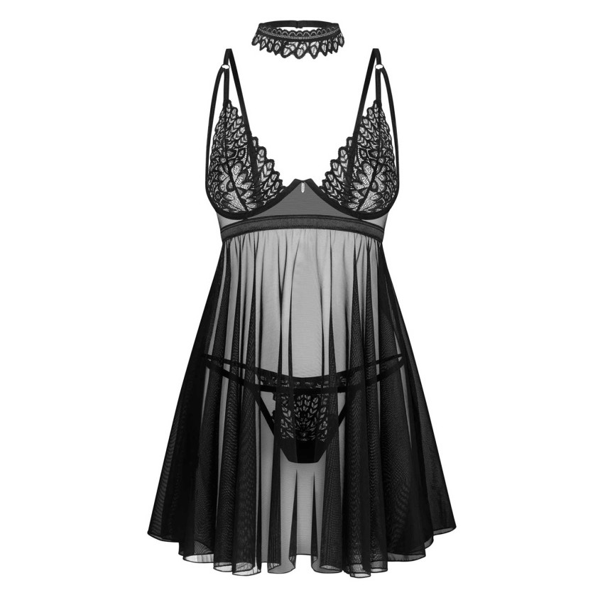 Babydoll sexy trasparente con pizzo, perizoma e choker Obsessive Donarella