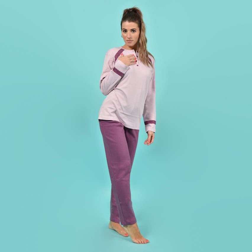 Pigiama Donna Invernale MaryHome 100% Cotone Interlock – Maglia Panna Con Taschino E Pantalone Scozzese