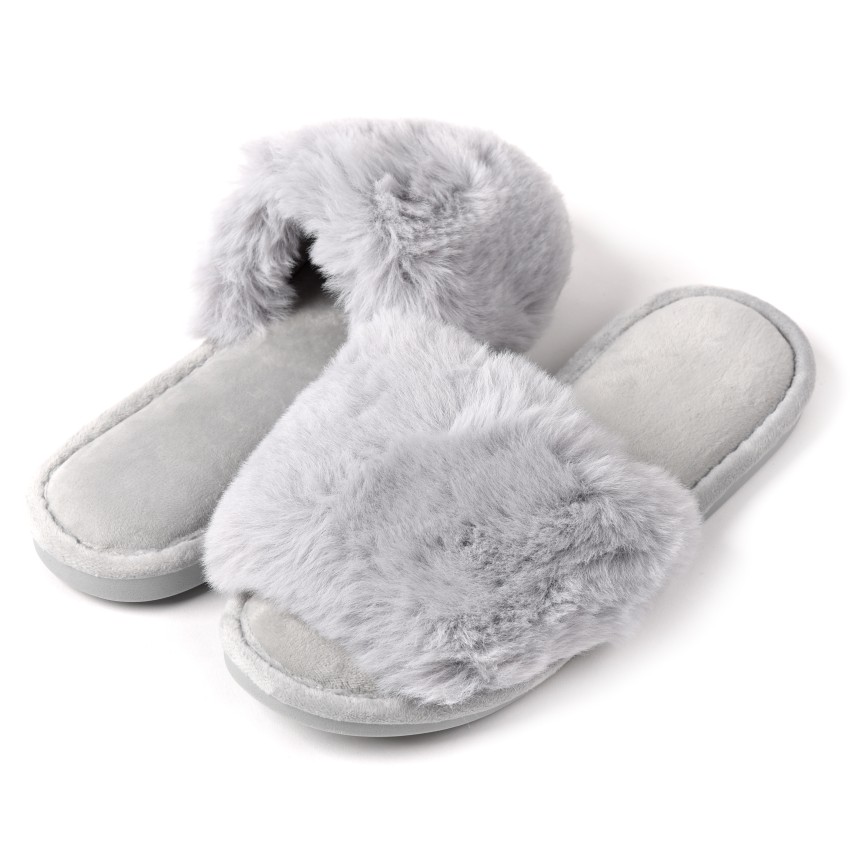 Pantofole donna fascia di ecopelliccia grigio aperte invernali Preziosa 0006