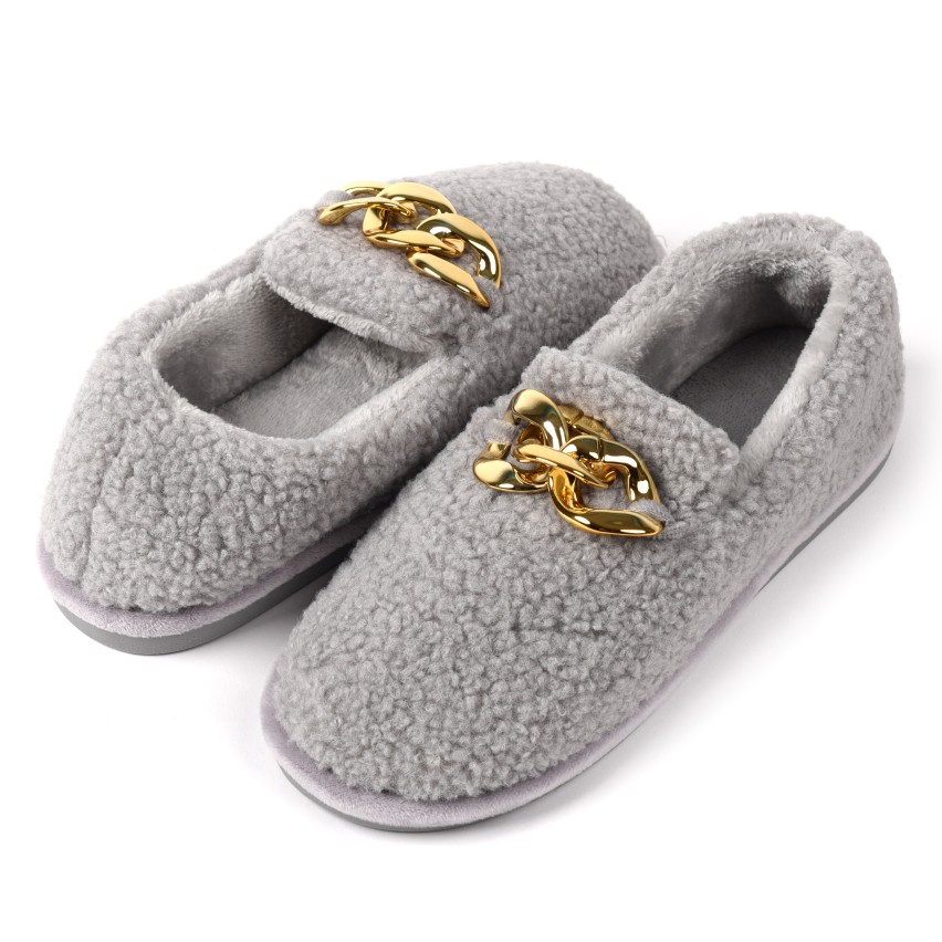 Pantofole tessuto teddy mocassino casa calde catena oro 0071 grigio