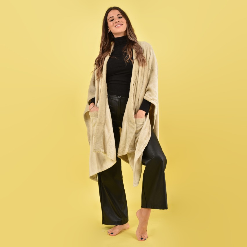 Mantella cappa con tasche in pelliccia Biancaluna sabbia