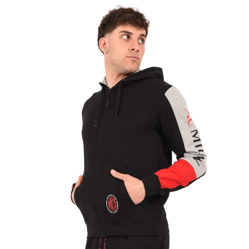 Felpa leggera con cappuccio Ufficiale AC MILAN cotone nero, grigio melange