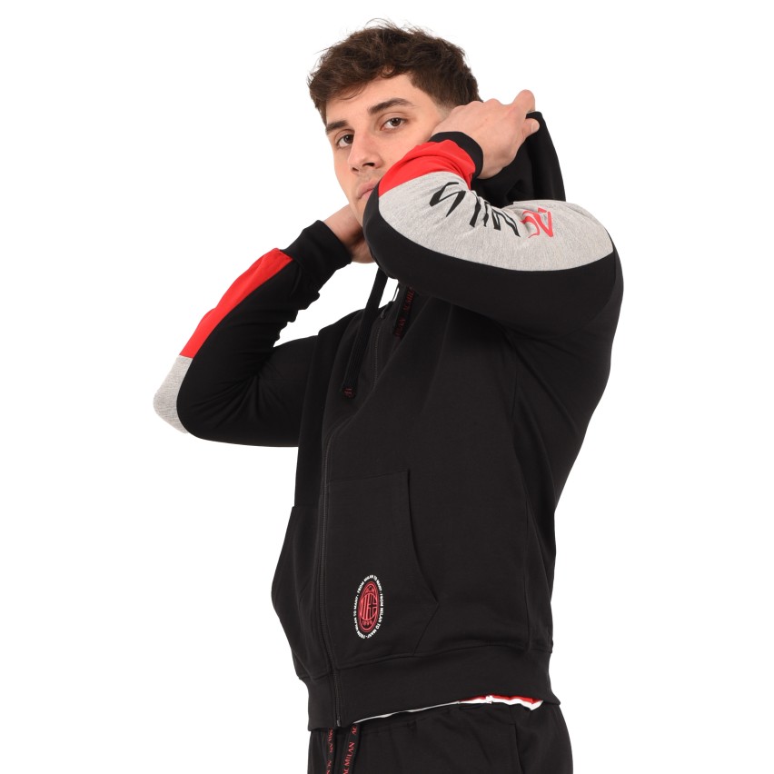 Felpa leggera con cappuccio Ufficiale AC MILAN cotone nero, grigio melange