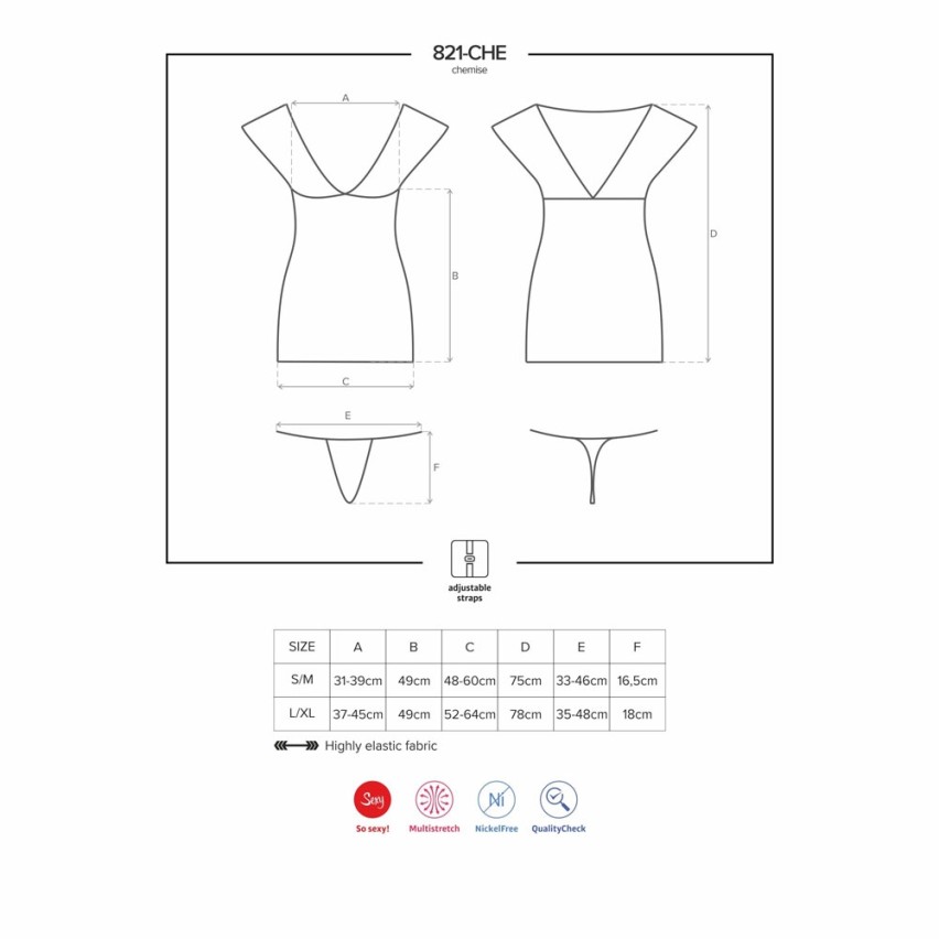 Sexy sottoveste + perizoma Obsessive 821-che-1 pizzo nero