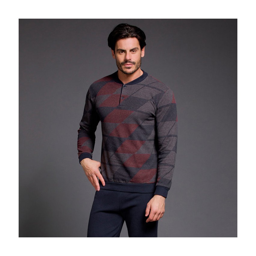 Demegimi Pigiama Uomo Cotone Lungo Pigiama da Uomo a Righe Maglia Girocollo Maniche Lunghe Pigiama Invernale Due Pezzi Caldo con Tasche