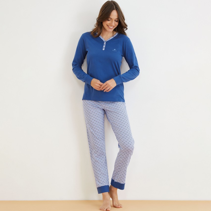 Karel Pigiama Lungo Donna In Cotone – Collezione Classica – Art. 4516, Colore Blu, Taglia M