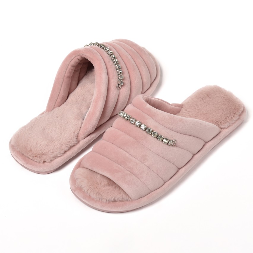 Pantofole punta aperta ciniglia decoro strass Preziosa 0057 rosa