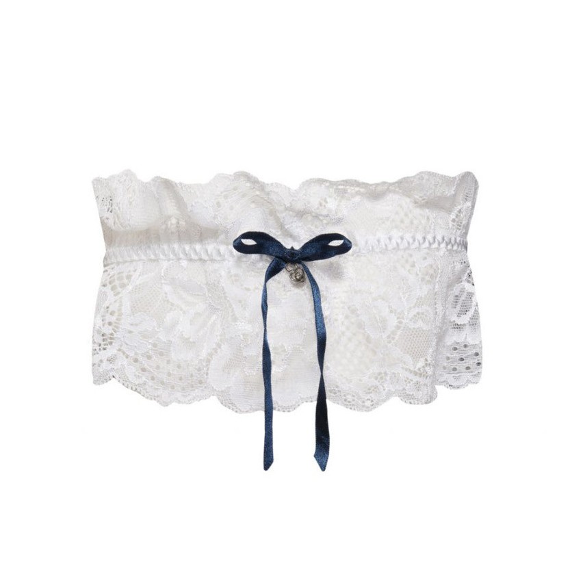 Giarrettiera Sposa In Pizzo Bianco E Nastro Blu - Regolabile 33-66 Cm, Per Matrimoni E Feste - Foto 2