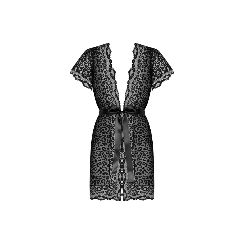 Sexy peignoir vestaglia pizzo animalier nero cinta in raso Obsessive Giully