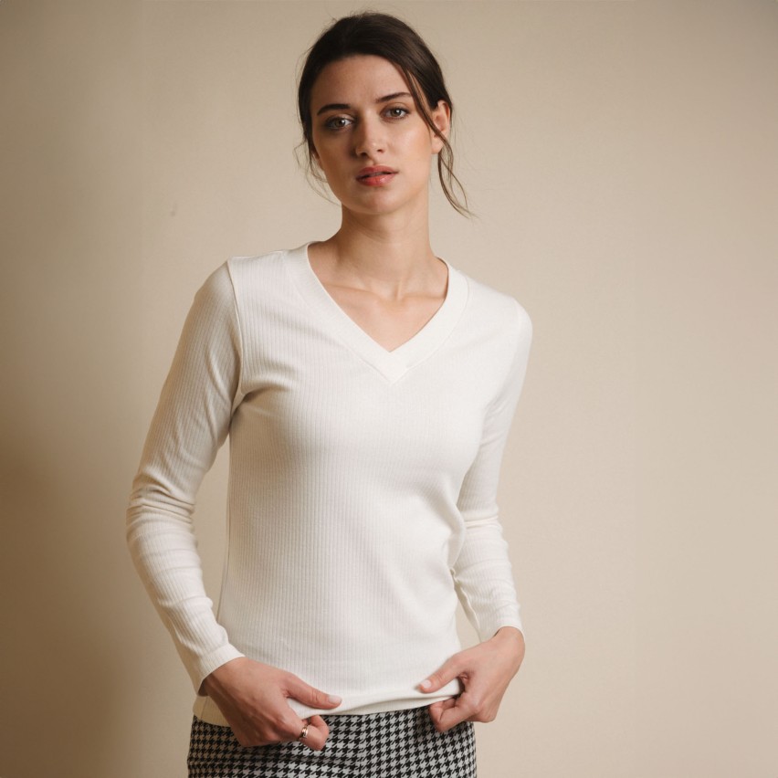 Maglia donna a costine con scollo a v Admas 43559 