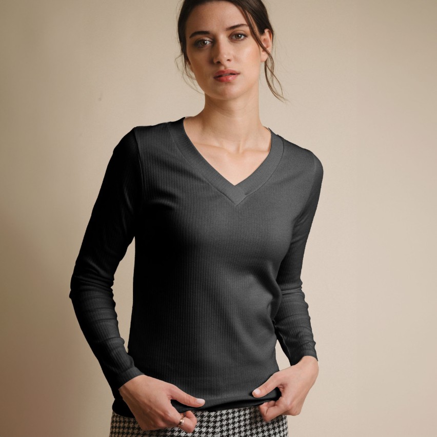 Maglia donna a costine con scollo a v Admas 43559 