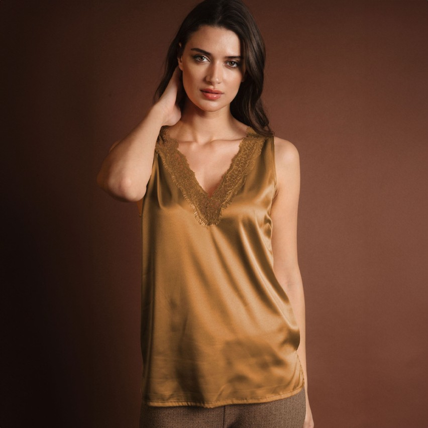 Canotta sottogiacca in raso traslucido e pizzo sfrangiato sullo scollo Admas 43564