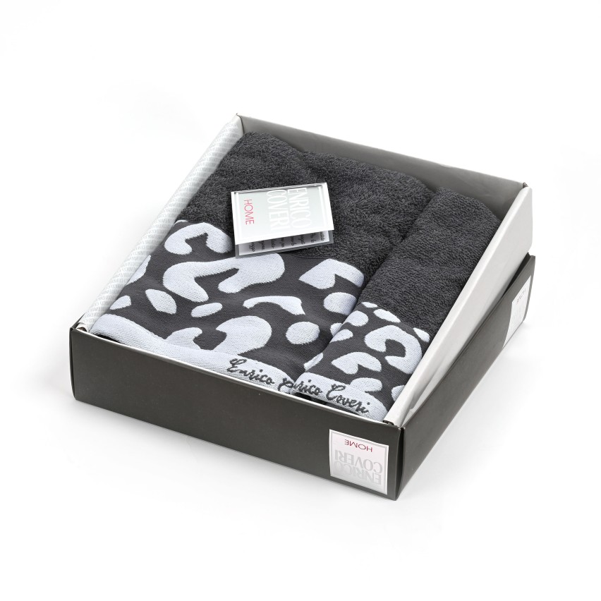 Set Asciugamani 1+1 con banda ricamata a fantasia leopardata Enrico Coveri 0015 Rand 
